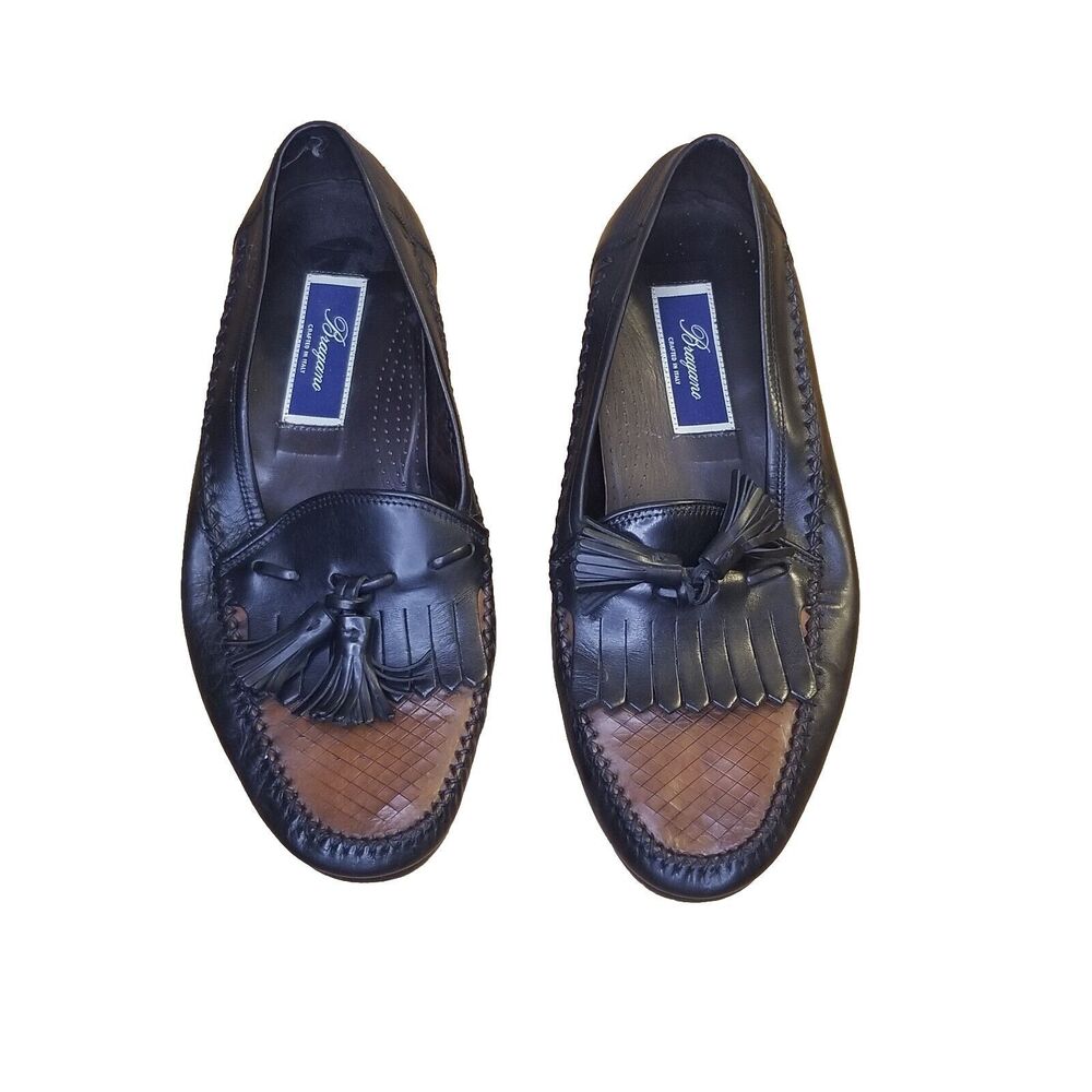 Bragano Loafer Men's Size 9.5 Leather Two Tone Tassel Woven Black Brown C01512